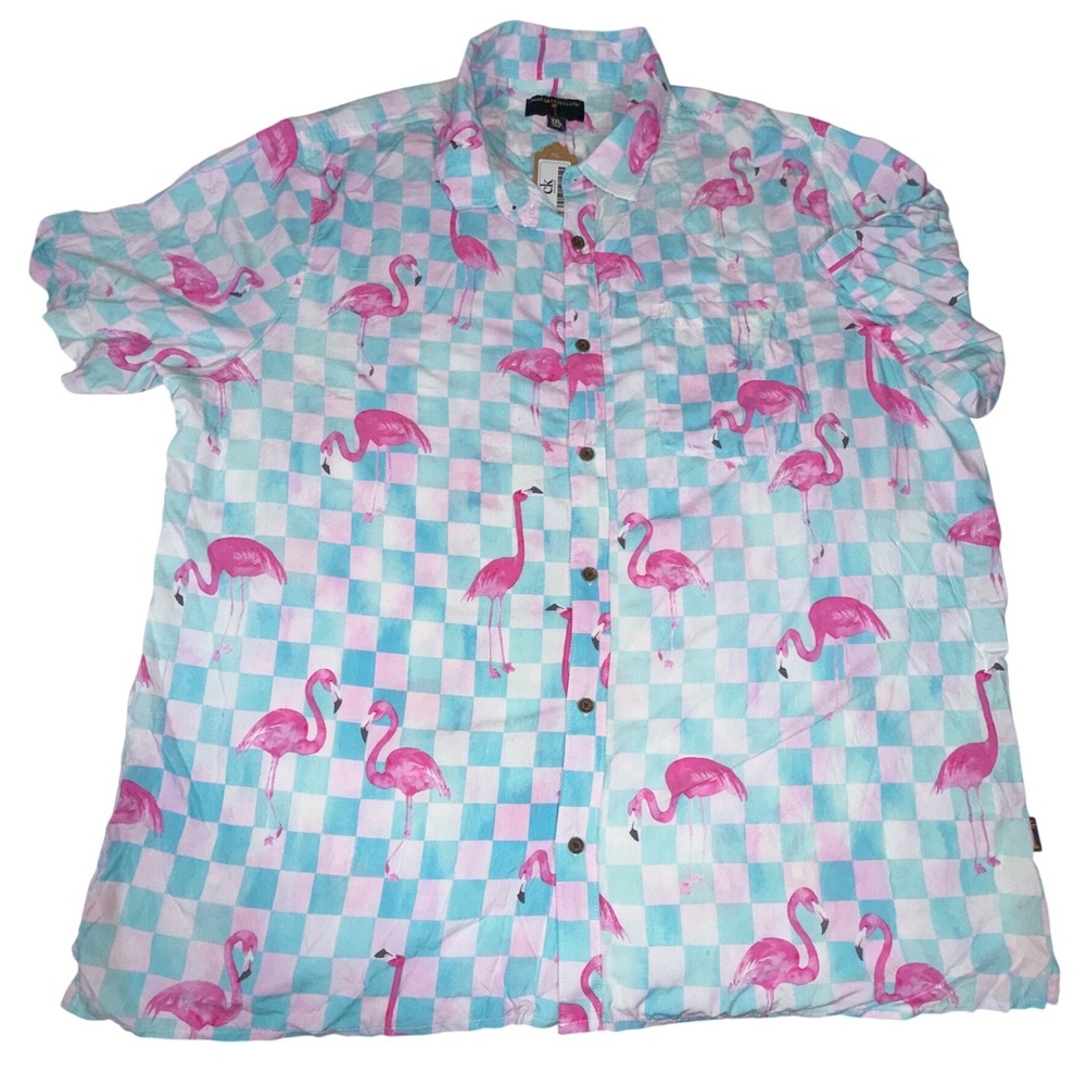Margaritaville Mens XXL Flamingo Checkered Button Front Short Sleeve Shirt Pink